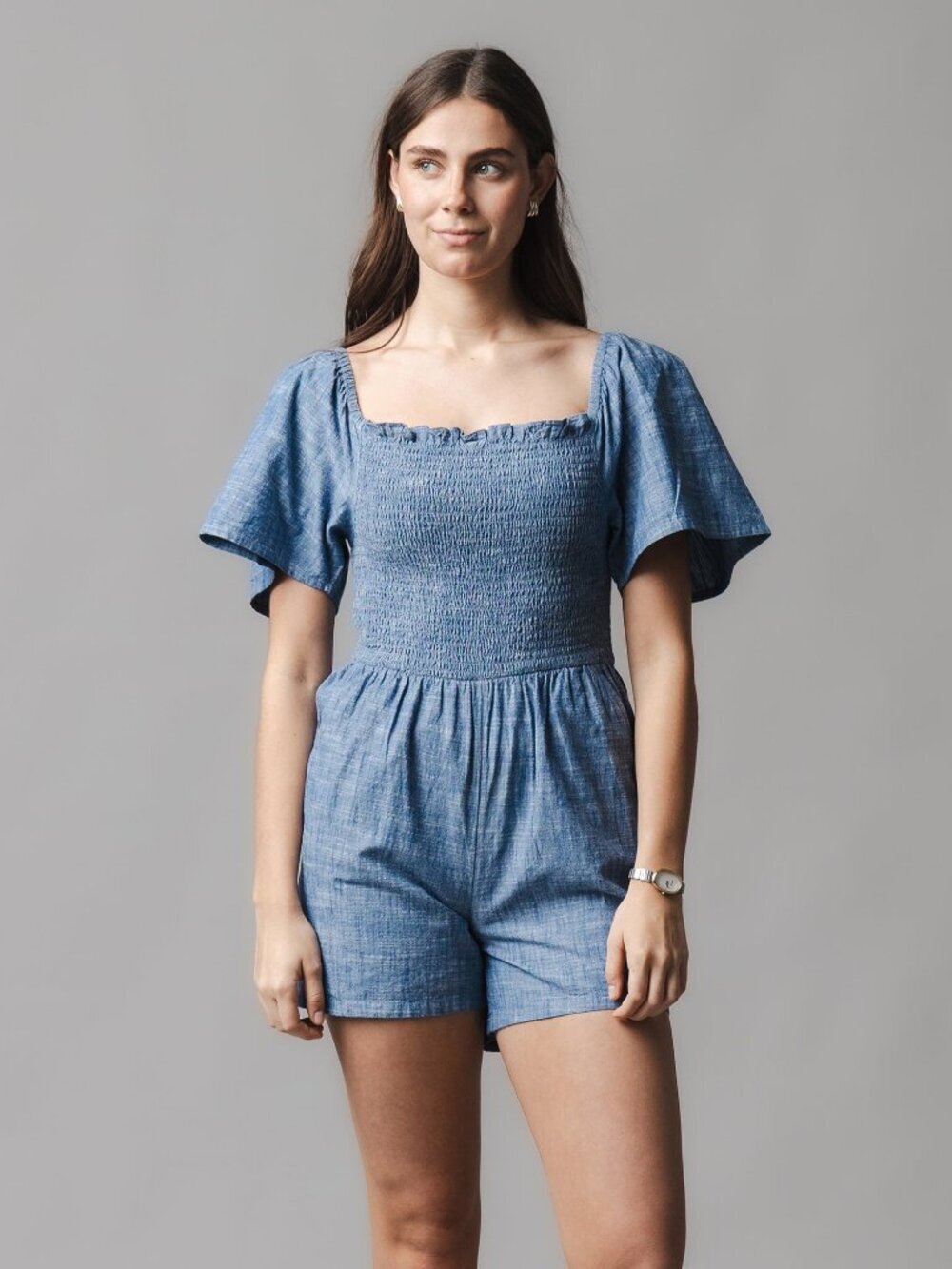Hope & Henry Organic Smocked Chambray Romper - Chambray